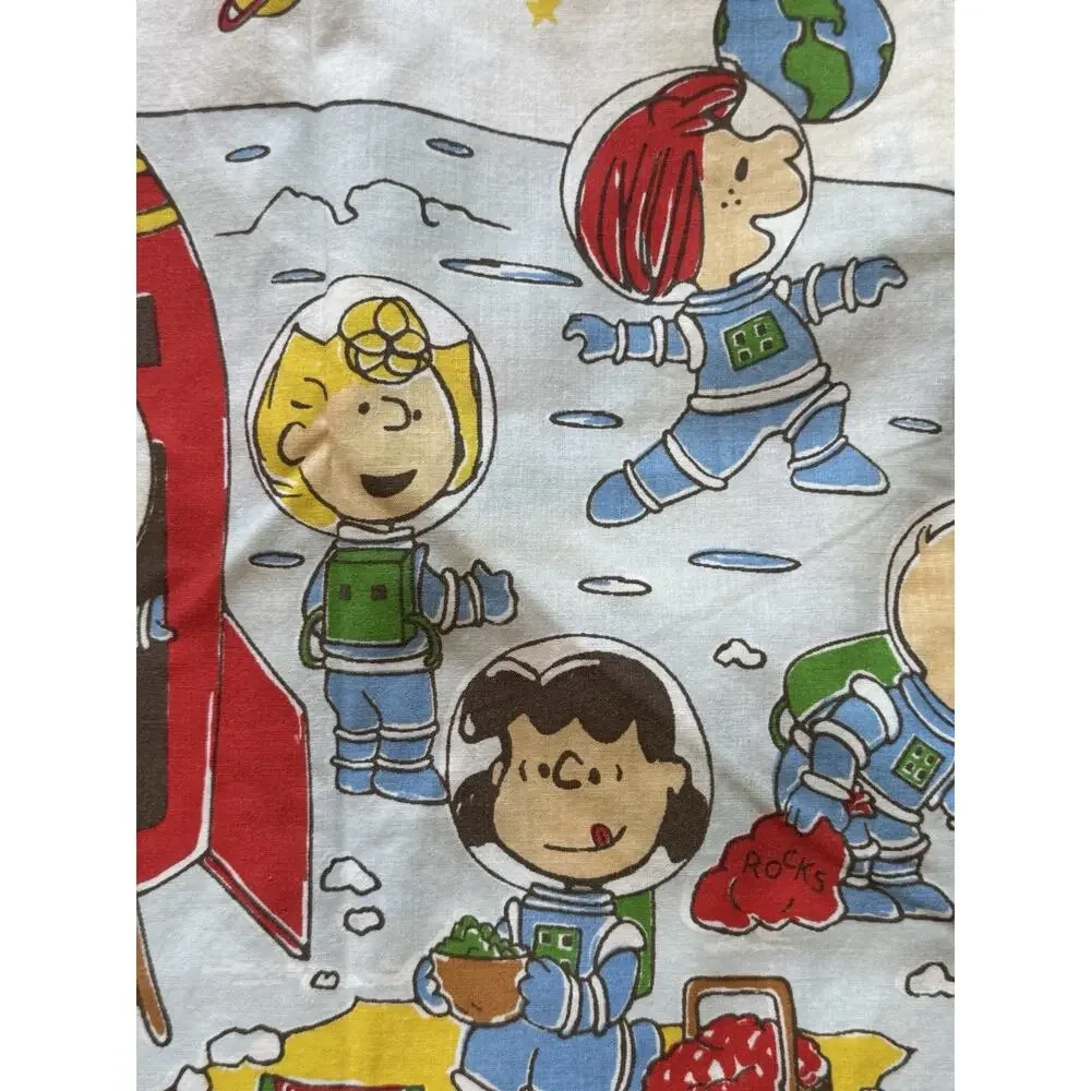 RARE Vintage Peanuts Charlie Brown Snoopy Full Sheet Set Space Camping West 1970